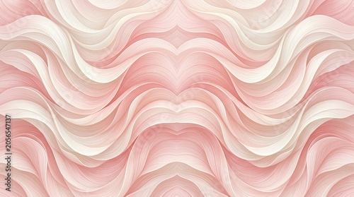 A horizontal abstract pattern features flowing, undulating waves in shades of pale pink, peach, and cream. The design creates a sense of movement and depth through layered, curved lines.