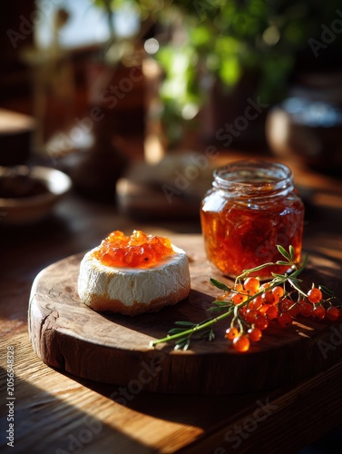 Finnish squeaky cheese topped with cloudberry jam on a wooden board in a warm kitchen glow.