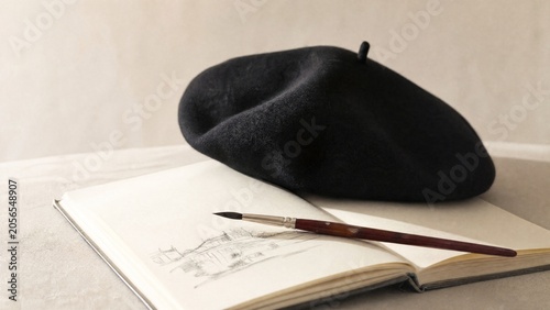 Photos Classic beret and paintbrush resting on an open sketchbook in soft light