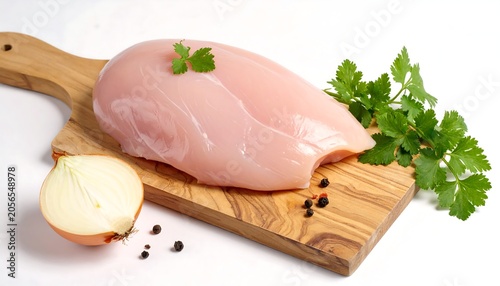 Raw Chicken Breast Resting on Wooden Cutting Board with Onion and Parsley