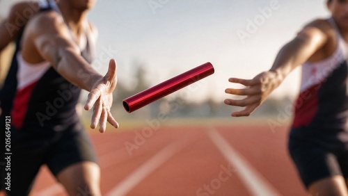 Tableau sur toile Relay baton in mid-air transfer between two blurred runners on a track