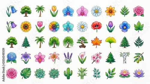 水彩 自然 花 アイコンのセット素材