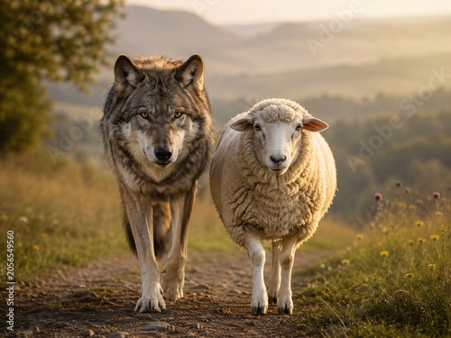 Wolf and Sheep Walking Together Symbolizing Reconciliation and Trust