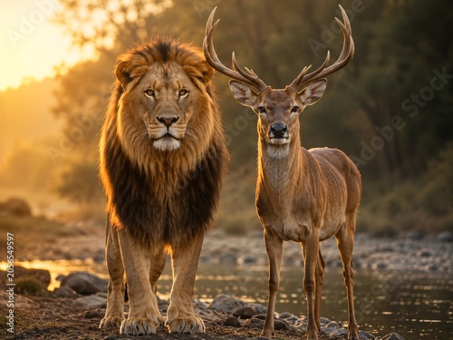 Lion and Deer Standing Together Symbolizing Trust and Peaceful Coexistence