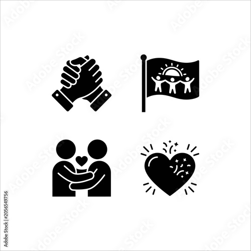 Black woman and man love symbols vector icon set with heart silhouettes