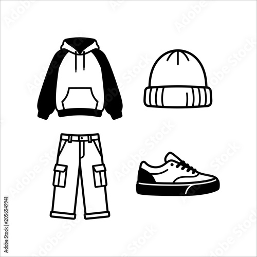 Winter clothing set vector illustration featuring jackets coats shirts t shirts dresses pants and casual fashion apparel collection design