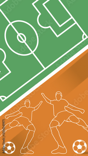 Soccer Players Illustration on Green and Orange Field Graphic. Soccer football modern background template