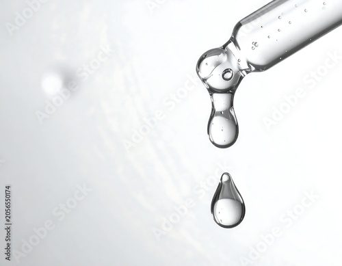 Clear Serum Drop Falling From Glass Dropper on Soft White Background