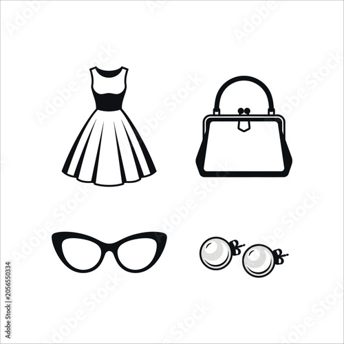 Vector set of fashion accessories featuring glasses, sunglasses, dress, wedding style items and shopping bag in vintage summer illustration design