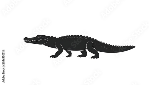 Black Crocodile Silhouette Resting in Side View on White Background
