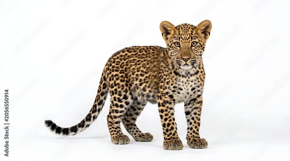Obraz premium A high-quality wildlife portrait of a spotted leopard cub standing facing forward on an isolated white backdrop.