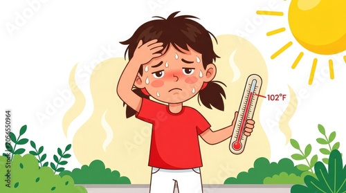 Child suffering from heatstroke with high temperature illustration