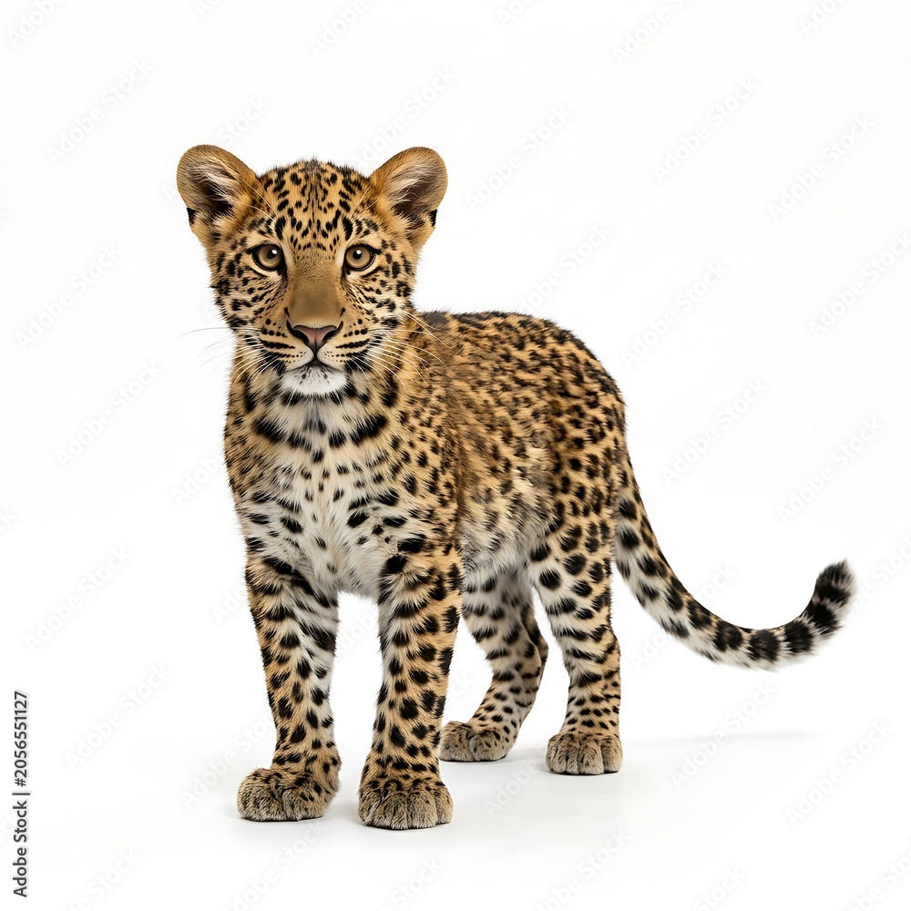 Naklejka premium An adorable wild leopard cub featuring distinct black rosettes looks forward on a seamless white studio backdrop.