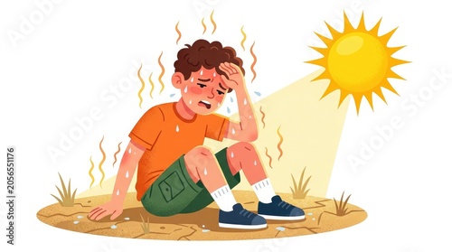 Cartoon illustration of a man suffering from heat stroke on a hot sunny day