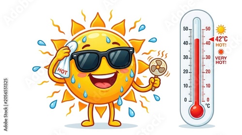 Cartoon sun character experiencing heat with thermometer