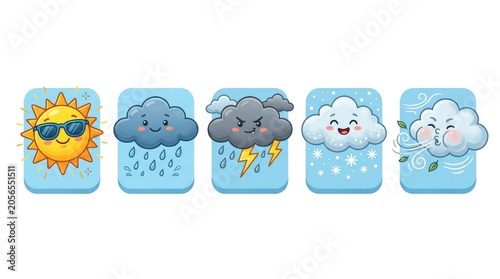 Cute kawaii weather icons set sunny rainy stormy snowy windy