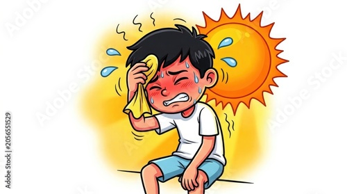 Overheated boy wipes forehead illustration of heatstroke and sun exposure