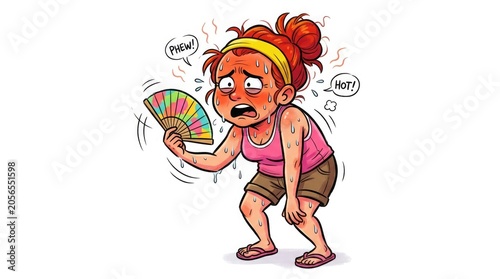 Cartoon woman fanning herself in extreme heat