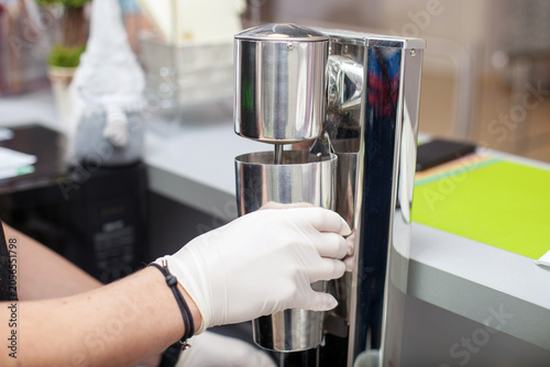 Making a milk protein shake in a mixer