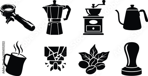 Φωτογραφία Coffee brewing equipment icon vector bundle featuring moka pot portafilter grind