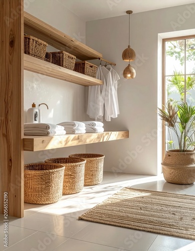 Modern minimalist walk-in closet with natural wood shelves, woven storage baskets, white linens, indoor houseplant, bright sunny atmosphere