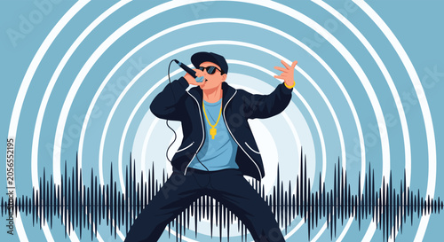 Energetic rapper performing with a microphone against a sound wave background represents urban music culture, hip hop festivals, and stage performance.