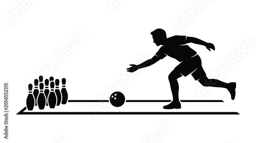 Bowler releasing ball and pins in black silhouette