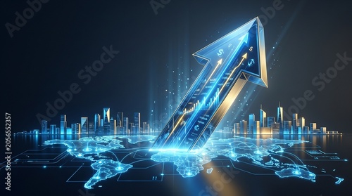 Digital growth arrow over world map and cityscape