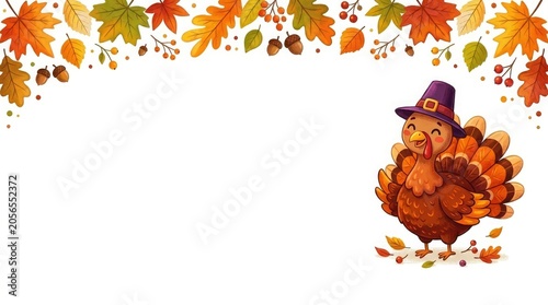 Happy thanksgiving cartoon turkey with fall leaves and hat