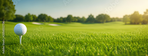 Golf Ball on Tee at Sunrise Fairway | Luxury Golf Course Background with Copy Space