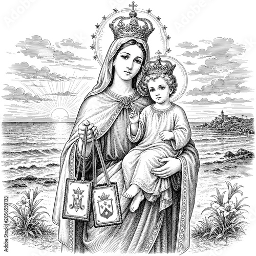 Canvas Print Our Lady of Mount Carmel (Virgen del Carmen) holding baby Jesus and brown scapular