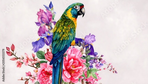 Vibrant Tropical Parrot Perched Among Blooming Pink and Purple Flowers on Soft Gray Background