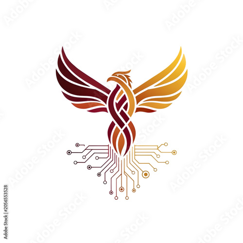 Abstract phoenix bird with circuit board elements on white background