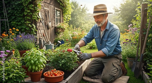 Smiling Senior Man Pruning Plants in Lush Backyard Garden at Sunrise
