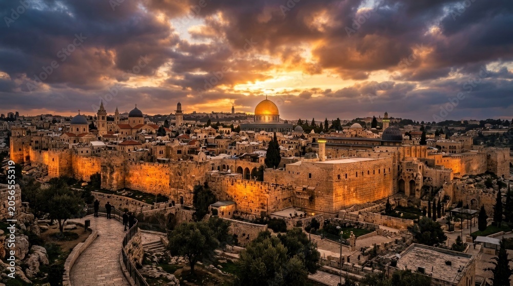 Obraz premium Sunset view over the old city of jerusalem with temple mount and western wall jerusalem historic heritage