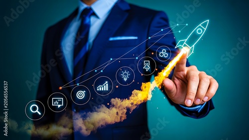 Business startup growth concept with rocket launch representing innovation success and strategic development