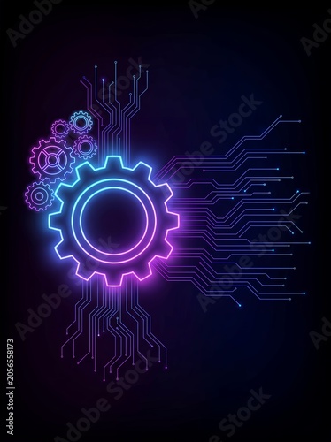 Neon glowing gear mechanism with digital circuit board lines on dark background