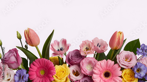 Assorted blooming spring flowers with green leaves during soft studio lighting concept for celebration