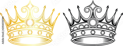 Schilderij op canvas Golden and monochrome queen crown illustrations with ornate details on a white b