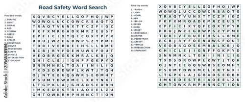 Road safety word search puzzle with highlighted words and answers  