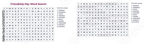 Friendship Day word search puzzle with hidden words and clues  