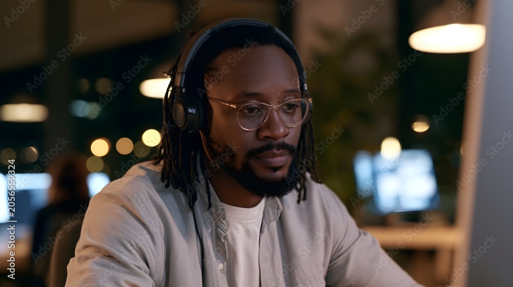 Fototapeta premium A modern business video call scene captures a productive and focused atmosphere with subtle ambient lighting
