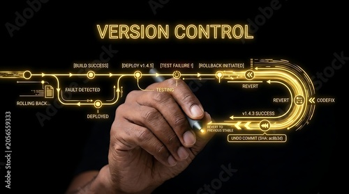 Hand Drawing Version Control System Concept with Glowing Gold Interface.