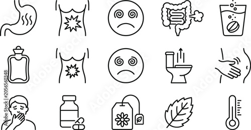 Fotografía Stomach Ache and Indigestion Line Icon Set Featuring Gastric Pain, Bloating, Nau
