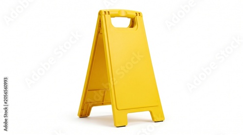 Bright yellow plastic portable sandwich board sign standing upright isolated on a clean white studio background for advertising custom messages