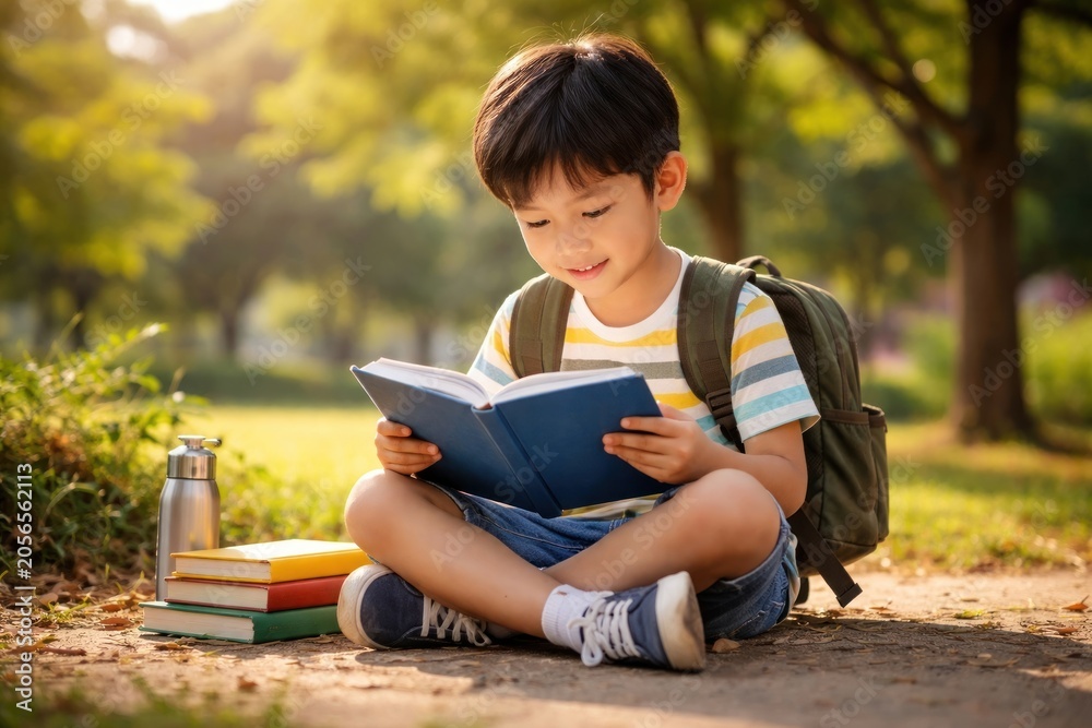 Fototapeta premium Child reading book outdoors happily.