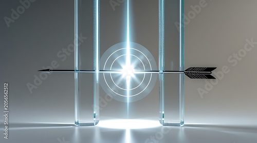 Arrow pierces through glass panels hitting glowing target accurate business strategy.