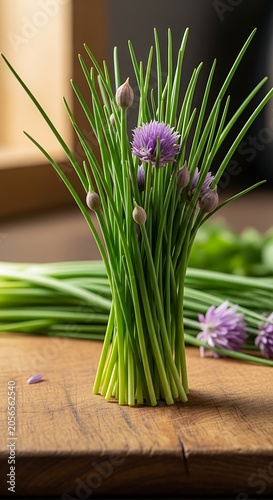 Fresh Green Chive Stems Arranged Upright on Rustic Wooden Table Indoors