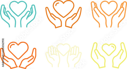 Colorful line art icons of hands holding hearts