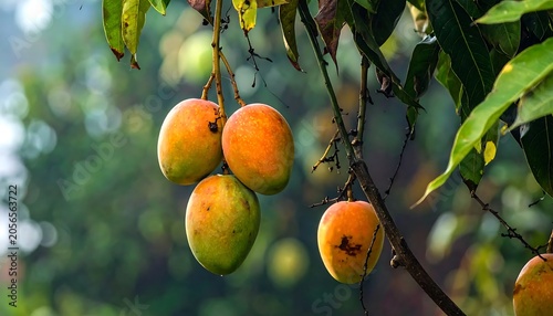 Ripe Tropical Mangoes Hanging on Tree Branch in Lush Garden